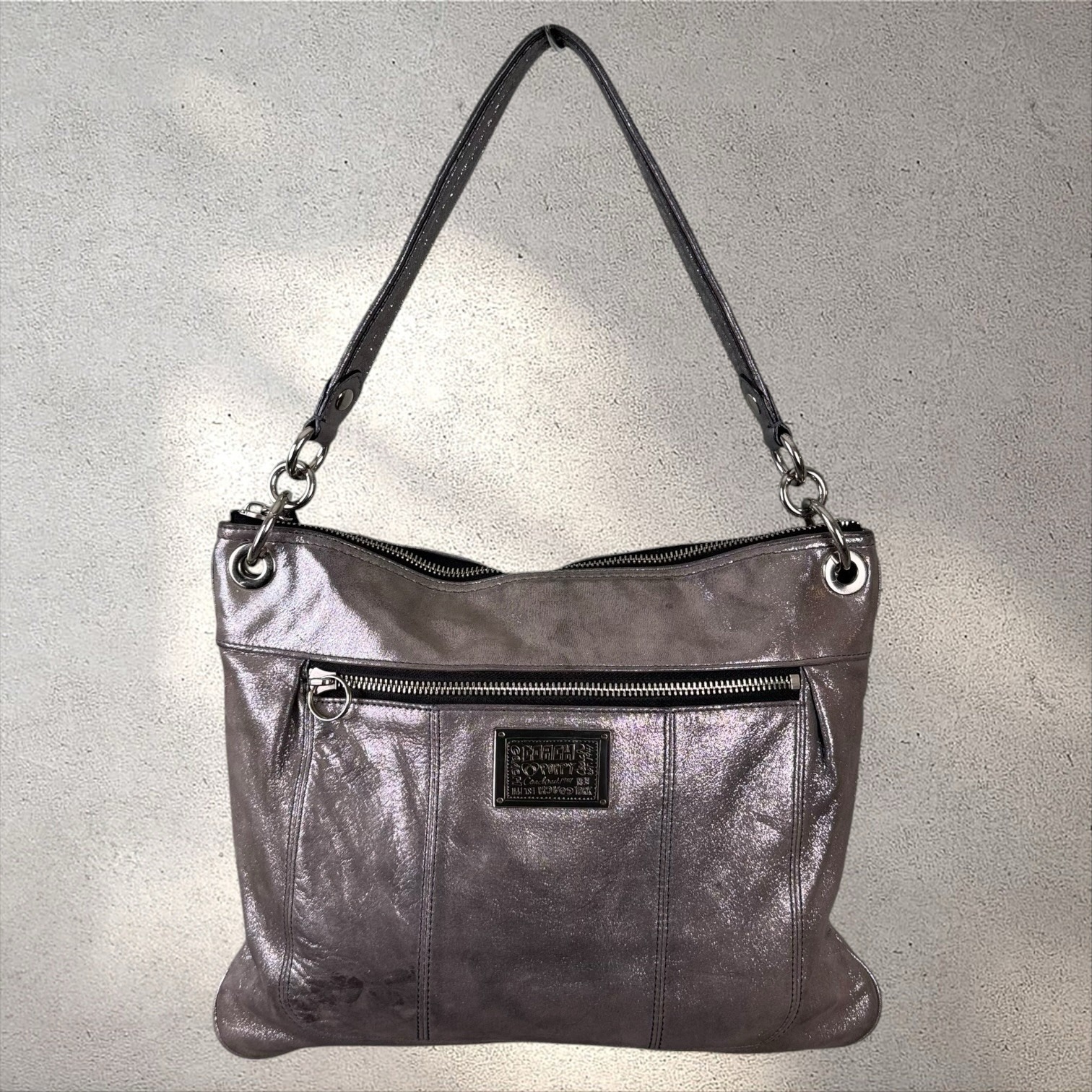 Coach Poppy Metallic Silver Leather Shoulder Bag Purse Logo Vtg Y2k